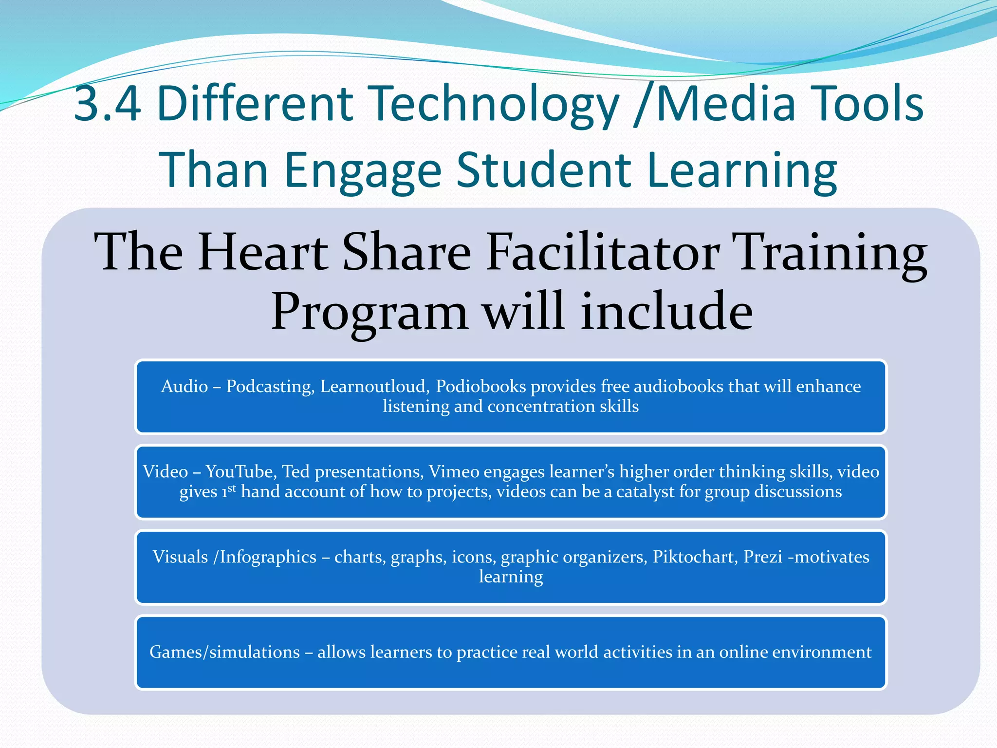 3.4 Different Technology /Media Tools
Than Engage Student Learning
The Heart Share Facilitator Training
Program will include
Audio – Podcasting, Learnoutloud, Podiobooks provides free audiobooks that will enhance
listening and concentration skills
Video – YouTube, Ted presentations, Vimeo engages learner’s higher order thinking skills, video
gives 1st hand account of how to projects, videos can be a catalyst for group discussions
Visuals /Infographics – charts, graphs, icons, graphic organizers, Piktochart, Prezi -motivates
learning
Games/simulations – allows learners to practice real world activities in an online environment
 