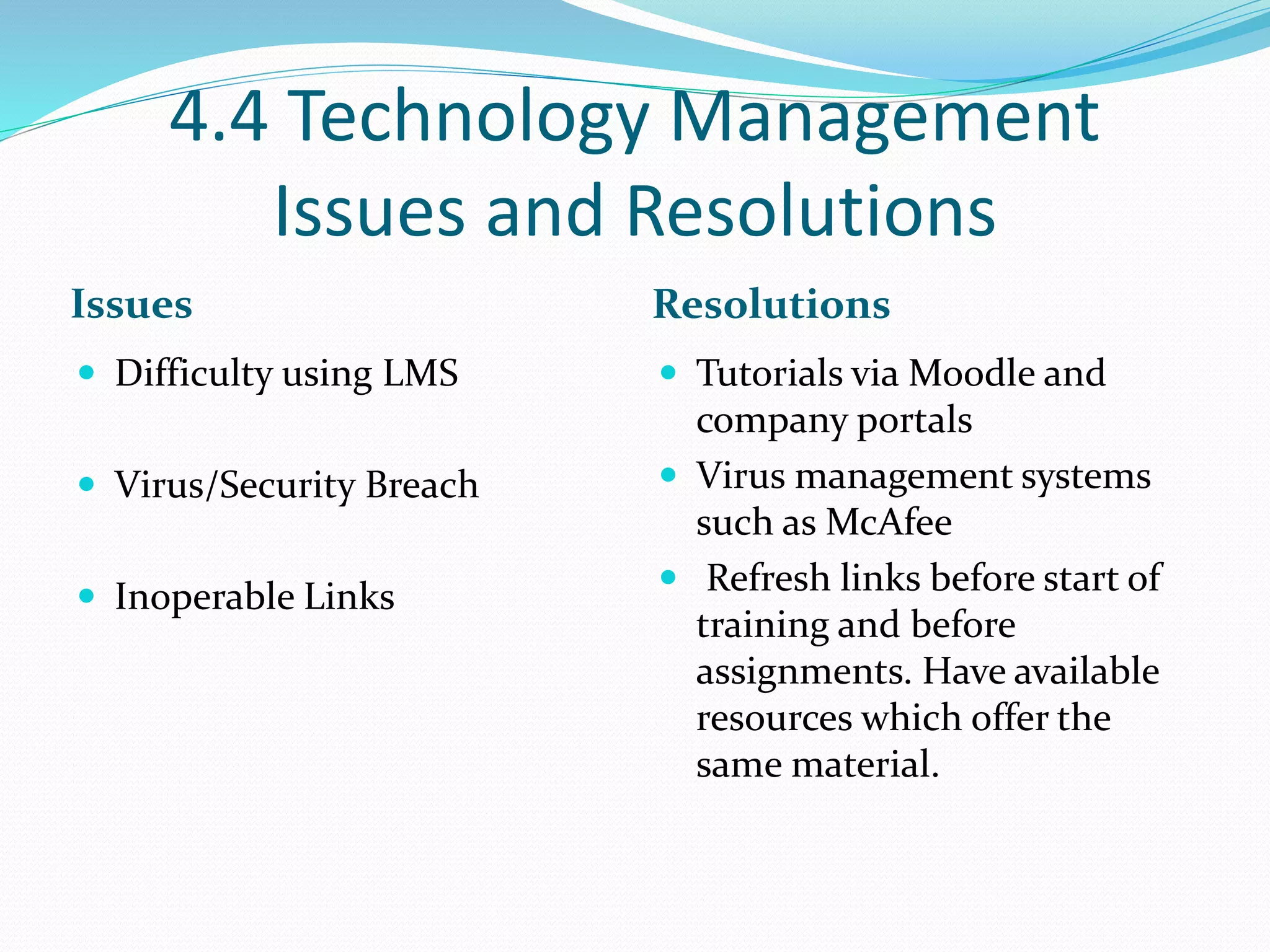 4.4 Technology Management
Issues and Resolutions
Issues Resolutions
 Difficulty using LMS
 Virus/Security Breach
 Inoperable Links
 Tutorials via Moodle and
company portals
 Virus management systems
such as McAfee
 Refresh links before start of
training and before
assignments. Have available
resources which offer the
same material.
 