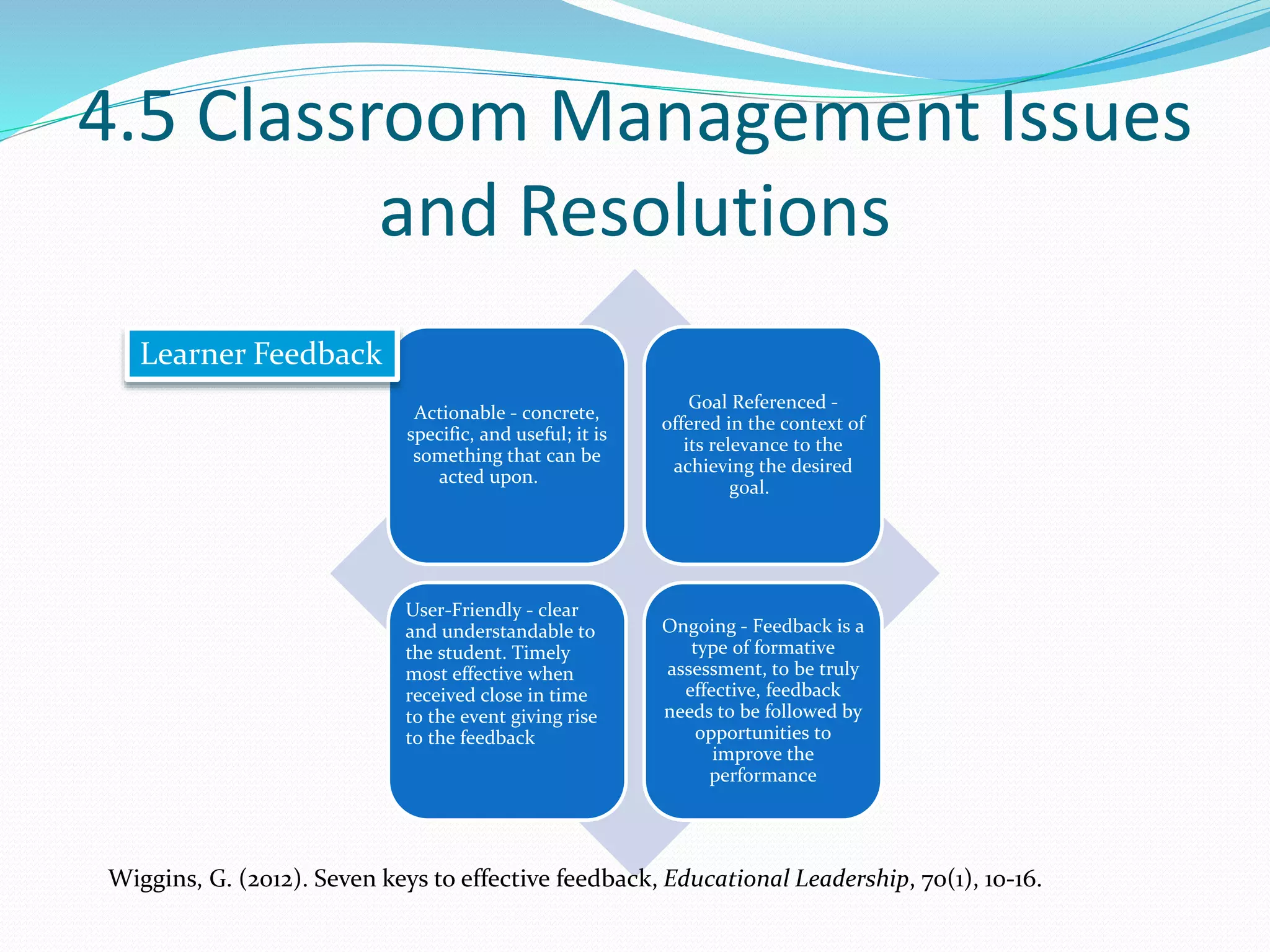 4.5 Classroom Management Issues
and Resolutions
Goal Referenced -
offered in the context of
its relevance to the
achieving the desired
goal.
Actionable - concrete,
specific, and useful; it is
something that can be
acted upon.
Ongoing - Feedback is a
type of formative
assessment, to be truly
effective, feedback
needs to be followed by
opportunities to
improve the
performance
User-Friendly - clear
and understandable to
the student. Timely
most effective when
received close in time
to the event giving rise
to the feedback
Learner Feedback
Wiggins, G. (2012). Seven keys to effective feedback, Educational Leadership, 70(1), 10-16.
 
