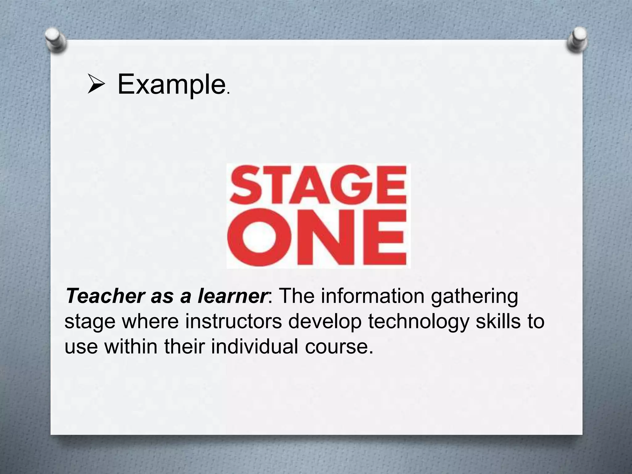  Example.
Teacher as a learner: The information gathering
stage where instructors develop technology skills to
use within their individual course.
 