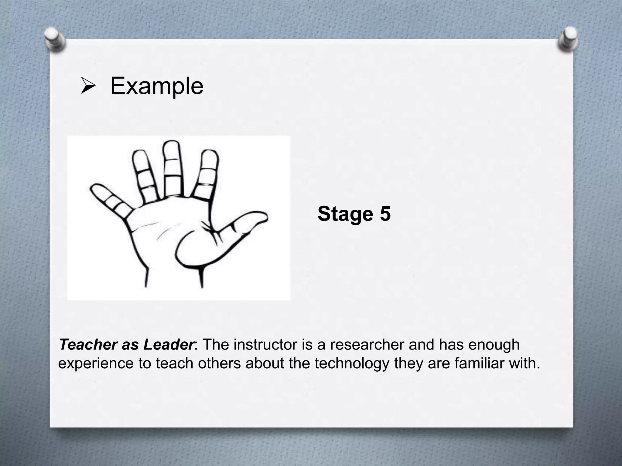  Example
Teacher as Leader: The instructor is a researcher and has enough
experience to teach others about the technology they are familiar with.
Stage 5
 