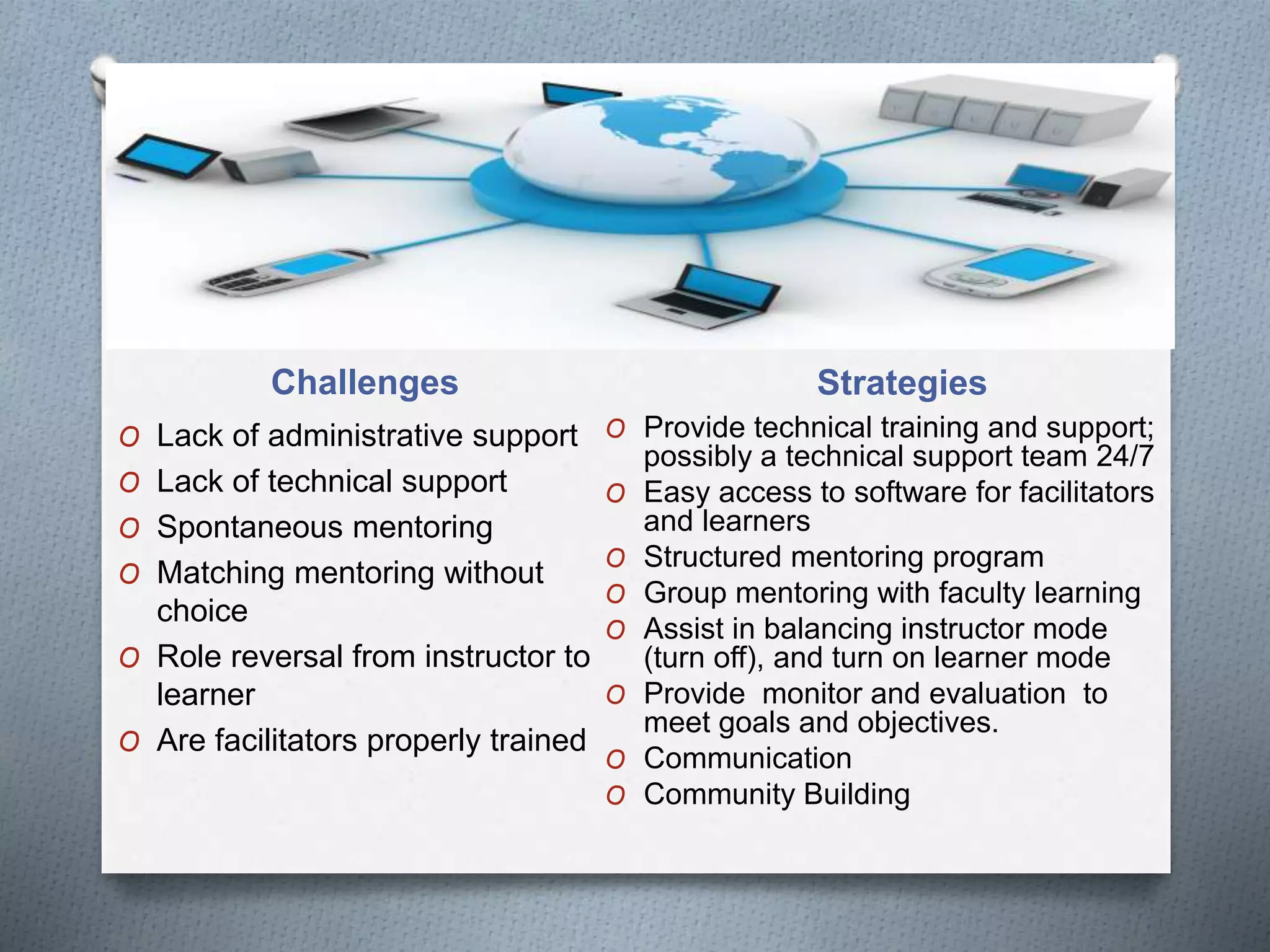 Challenges Strategies
O Lack of administrative support
O Lack of technical support
O Spontaneous mentoring
O Matching mentoring without
choice
O Role reversal from instructor to
learner
O Are facilitators properly trained
O Provide technical training and support;
possibly a technical support team 24/7
O Easy access to software for facilitators
and learners
O Structured mentoring program
O Group mentoring with faculty learning
O Assist in balancing instructor mode
(turn off), and turn on learner mode
O Provide monitor and evaluation to
meet goals and objectives.
O Communication
O Community Building
 