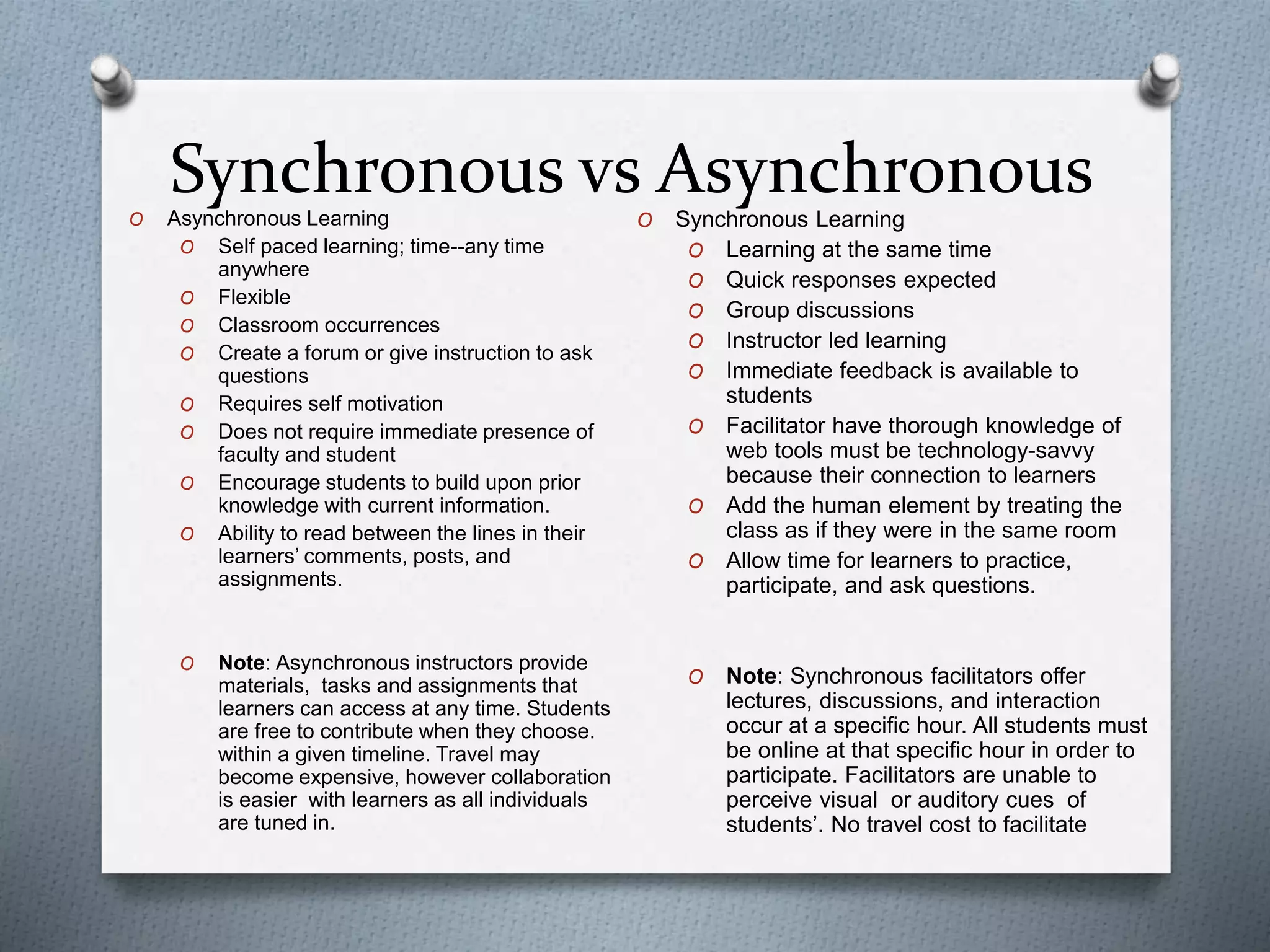 Synchronous vs AsynchronousO Asynchronous Learning
O Self paced learning; time--any time
anywhere
O Flexible
O Classroom occurrences
O Create a forum or give instruction to ask
questions
O Requires self motivation
O Does not require immediate presence of
faculty and student
O Encourage students to build upon prior
knowledge with current information.
O Ability to read between the lines in their
learners’ comments, posts, and
assignments.
O Note: Asynchronous instructors provide
materials, tasks and assignments that
learners can access at any time. Students
are free to contribute when they choose.
within a given timeline. Travel may
become expensive, however collaboration
is easier with learners as all individuals
are tuned in.
O Synchronous Learning
O Learning at the same time
O Quick responses expected
O Group discussions
O Instructor led learning
O Immediate feedback is available to
students
O Facilitator have thorough knowledge of
web tools must be technology-savvy
because their connection to learners
O Add the human element by treating the
class as if they were in the same room
O Allow time for learners to practice,
participate, and ask questions.
O Note: Synchronous facilitators offer
lectures, discussions, and interaction
occur at a specific hour. All students must
be online at that specific hour in order to
participate. Facilitators are unable to
perceive visual or auditory cues of
students’. No travel cost to facilitate
 