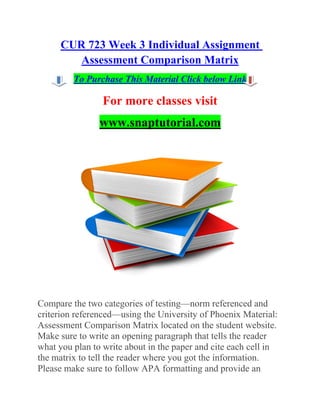 CUR 723 Week 3 Individual Assignment
Assessment Comparison Matrix
To Purchase This Material Click below Link
For more classes visit
www.snaptutorial.com
Compare the two categories of testing—norm referenced and
criterion referenced—using the University of Phoenix Material:
Assessment Comparison Matrix located on the student website.
Make sure to write an opening paragraph that tells the reader
what you plan to write about in the paper and cite each cell in
the matrix to tell the reader where you got the information.
Please make sure to follow APA formatting and provide an
 