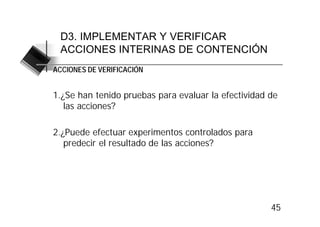 D3. IMPLEMENTAR Y VERIFICAR
 ACCIONES INTERINAS DE CONTENCIÓN
ACCIONES DE VERIFICACIÓN


1.¿Se han tenido pruebas para evaluar la efectividad de
   las acciones?

2.¿Puede efectuar experimentos controlados para
   predecir el resultado de las acciones?




                                                     45
 