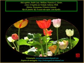 Pelo espírito: André Luiz. Médium: Francisco C. Xavier. Livro: O Espírito da Verdade. Editora; FEB. Música: Anonymous./ Ernesto Cortazar. Rio de Janeiro. RJ. O acaso não existe. Leia Kardec. Formatação:  [email_address] Arquivo de mensagens:  http://robertogenio38.4shared.com 