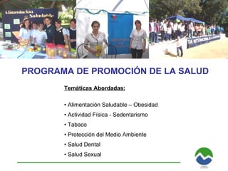 PROGRAMA DE PROMOCIÓN DE LA SALUD Temáticas Abordadas: Alimentación Saludable – Obesidad Actividad Física - Sedentarismo Tabaco Protección del Medio Ambiente Salud Dental Salud Sexual 