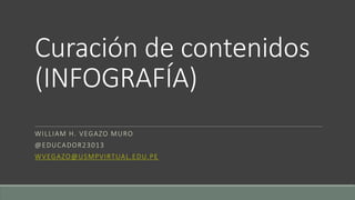 Curación de contenidos
(INFOGRAFÍA)
WILLIAM H. VEGAZO MURO
@EDUCADOR23013
WVEGAZO@USMPVIRTUAL.EDU.PE
 