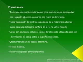 Procedimiento:

Con mano dominante sujetar gasas para posteriormente empaparlas

 con solución jabonosa, apoyando con mano no dominante.

Iniciar la curación del centro a la periferia, de lo más limpio a lo mas

 sucio; después de tocar la periferia de la Hx no volver hacerlo.

Lavar con abundante solución y proceder al secado utilizando gasa con

  movimientos de apoyo sobre la superficie lesionada.

Efectuar la fijación del apósito al termino.

Retirar material.

Hacer los registros correspondientes.


                                            IMSS, Manual de Actividades y procedimientos en Enfermería, 2006-2012.,
                                            Clasificación de Intervenciones de Enfermería (NIC) 5ta edición 2009.
 
