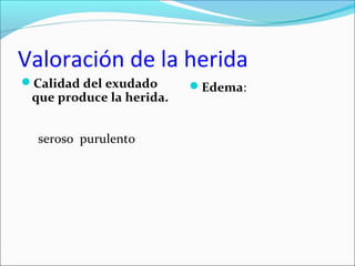 Valoración de la herida 
Calidad del exudado 
que produce la herida. 
seroso purulento 
Edema: 
 