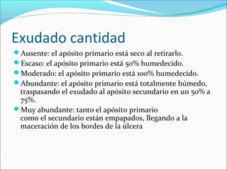 Exudado cantidad 
Ausente: el apósito primario está seco al retirarlo. 
Escaso: el apósito primario está 50% humedecido. 
Moderado: el apósito primario está 100% humedecido. 
Abundante: el apósito primario está totalmente húmedo, 
traspasando el exudado al apósito secundario en un 50% a 
75%. 
Muy abundante: tanto el apósito primario 
como el secundario están empapados, llegando a la 
maceración de los bordes de la úlcera 
 