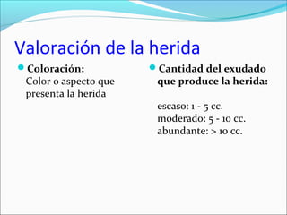 Valoración de la herida 
Coloración: 
Color o aspecto que 
presenta la herida 
Cantidad del exudado 
que produce la herida: 
escaso: 1 - 5 cc. 
moderado: 5 - 10 cc. 
abundante: > 10 cc. 
 