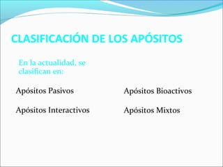 CLASIFICACIÓN DE LOS APÓSITOS 
En la actualidad, se 
clasifican en: 
Apósitos Pasivos 
Apósitos Interactivos 
Apósitos Bioactivos 
Apósitos Mixtos 
 