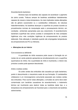 15
Esverdecimento bacteriano
Diversos tipos de bactérias são capazes de esverdecer o pigmento
da carne curada. Trata-se sempre de bactérias acidoláticas halotolerantes
capazes de crescer a baixa temperatura. As mais implicadas nestas alterações
são do gênero Leuconostoc ou o Lactobacillus viridescens, de natureza
heterofermentativa. As bactérias alcançam a superfície do produto durante os
procedimentos normais de manipulação após o processamento térmico, em
condições ambientais apropriadas para seu crescimento. O esverdecimento
bacteriano superficial das carnes curadas é conseqüente de más condições
higiênicas e/ou más condições higiênicas de armazenamento do produto
elaborado. Esta alteração é retardada quando são empregadas temperaturas
de armazenamento de 4ºC ou inferiores.
• Alterações de cor interior
Cura excessiva ou deficiente
A quantidade de nitrito excessiva pode causar a formação de um
núcleo de cor verde podendo apresentar-se simultaneamente com a superfície
(queimadura do nitrito). Se a quantidade de nitrito é insuficiente, o interior dos
produtos curados pode aparecer descolorado.
Anéis e núcleos verdes
Os anéis verdes dos embutidos são causados por ação bacteriana,
porém é desconhecido o mecanismo exato de sua formação. O Lactobacillus
viridescens é um microorganismo comumente associado aos núcleos verdes
dos embutidos. Para ocorrer estas alterações, a emulsão da carne deve estar
contaminada com bactérias causadoras de esverdecimento, o tratamento
térmico ser insuficiente para destruir todas as bactérias deste tipo, e a
temperatura de armazenamento ser favorável para o crescimento de bactérias
sobreviventes.
 
