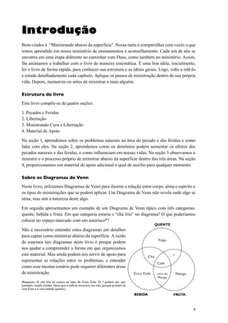 8
Introdução
Bem-vindos à “Ministrando abaixo da superfície”. Nossa meta é compartilhar com vocês o que
temos aprendido em nosso ministério de ensinamentos e aconselhamento. Cada um de nós se
encontra em uma etapa diferente no caminhar com Deus, como também no ministério. Assim,
lhe animamos a trabalhar com o livro de maneira sistemática. É uma boa idéia, inicialmente,
ler o livro de forma rápida, para conhecer sua estrutura e as idéias gerais. Logo, volte a relê-lo
e estude detalhadamente cada capítulo. Aplique os passos de ministração dentro de sua própria
vida. Depois, memorize-os antes de ministrar a mais alguém.
Estrutura do livro
Este livro compõe-se de quatro seções:
1. Pecados e Feridas
2. Libertação
3. Ministrando Cura e Libertação
4. Material de Apoio
Na seção 1, aprendemos sobre os problemas naturais na área do pecado e das feridas e como
lidar com eles. Na seção 2, aprendemos como os demônios podem aumentar os efeitos dos
pecados naturais e das feridas, e como influenciam em nossas vidas. Na seção 3 observamos o
ministro e o processo próprio de ministrar abaixo da superfície dentro das três áreas. Na seção
4, proporcionamos um material de apoio adicional o qual de auxílio para qualquer momento.
Sobre os Diagramas de Venn
Neste livro, utilizamos Diagramas de Venn para ilustrar a relação entre corpo, alma e espírito e
os tipos de ministrações que se podem aplicar. Um Diagrama de Venn não revela onde algo se
situa, mas sim a natureza deste algo.
Em seguida apresentamos um exemplo de um Diagrama de Venn típico com três categorias:
quente, bebida e fruta. Em que categoria estaria o “chá frío” no diagrama? O que poderíamos
colocar no espaço marcado com um asterísco*?
Não é necessário entender estes diagramas em detalhes
para captar como ministrar abaixo da superfície. A razão
de usarmos tais diagramas neste livro é porque podem
nos ajudar a compreender a forma em que organizamos
este material. Mas ainda podem nos servir de apoio para
representar as relações entre os problemas, e entender
como esse mesmo cenário pode requerer diferentes áreas
de ministração.
(Resposta: O chá frio se coloca ao lado da Coca Cola. O * podem ser, por
exemplo, maçãs cozidas. Note que o café se encontra nas três, porque provém de
uma fruta e é uma bebida quente.)
BEBIDA FRUTA
QUENTE
Coca Cola
Chá
Fogo
Café
suco de
Manga
Manga
*
 