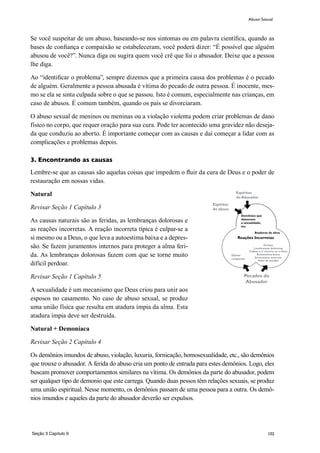 102
Se você suspeitar de um abuso, baseando-se nos sintomas ou em palavra científica, quando as
bases de confiança e compaixão se estabeleceram, você poderá dizer: “É possível que alguém
abusou de você?”. Nunca diga ou sugira quem você crê que foi o abusador. Deixe que a pessoa
lhe diga.
Ao “identificar o problema”, sempre dizemos que a primeira causa dos problemas é o pecado
de alguém. Geralmente a pessoa abusada é vítima do pecado de outra pessoa. É inocente, mes-
mo se ela se sinta culpada sobre o que se passou. Isto é comum, especialmente nas crianças, em
caso de abusos. É comum também, quando os pais se divorciaram.
O abuso sexual de meninos ou meninas ou a violação violenta podem criar problemas de dano
físico no corpo, que requer oração para sua cura. Pode ter acontecido uma gravidez não deseja-
da que conduziu ao aborto. É importante começar com as causas e daí começar a lidar com as
complicações e problemas depois.
3. Encontrando as causas
Lembre-se que as causas são aquelas coisas que impedem o fluir da cura de Deus e o poder de
restauração em nossas vidas.
Natural
Revisar Seção 1 Capítulo 3
As causas naturais são as feridas, as lembranças dolorosas e
as reações incorretas. A reação incorreta típica é culpar-se a
si mesmo ou a Deus, o que leva a autoestima baixa e a depres-
são. Se fazem juramentos internos para proteger a alma feri-
da. As lembranças dolorosas fazem com que se torne muito
difícil perdoar.
Revisar Seção 1 Capítulo 5
A sexualidade é um mecanismo que Deus criou para unir aos
esposos no casamento. No caso de abuso sexual, se produz
uma união física que resulta em atadura ímpia da alma. Esta
atadura ímpia deve ser destruída.
Natural + Demoníaca
Revisar Seção 2 Capítulo 4
Os demônios imundos de abuso, violação, luxuria, fornicação, homosexualidade, etc., são demônios
que trouxe o abusador. A ferida do abuso cria um ponto de entrada para estes demônios. Logo, eles
buscam promover comportamentos similares na vítima. Os demônios da parte do abusador, podem
ser qualquer tipo de demonio que este carrega. Quando duas pessos têm relações sexuais, se produz
uma união espiritual. Nesse momento, os demônios passam de uma pessoa para a outra. Os demô-
nios imundos e aqueles da parte do abusador deverão ser expulsos.
Abuso Sexual
Espíritos
do Abusador
Pecados do
Abusador
Espíritos
do abuso
Reações Incorretas
Danos
corporais
Feridas
Lembranças dolorosas
Culpar a si mesmo ou a Deus
Autoestima baixa
Juramentos internos
Falta de perdão
Demônios que
distorcem
a sexualidade,
etc.
Ataduras da alma
Seção 3 Capítulo 9
 