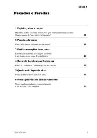 9Tabela de Conteúdo
1 Espírito, alma e corpo.
O espírito, a alma e o corpo. Jesus Cristo quer curar cada uma destas áreas
Quadro resumo de “cura interior e libertação” 	 15
2 Pecados da carne
Como lidar com os efeitos do pecado natural 	 19
3 Feridas e reações incorretas
Lidando com as feridas e as reações incorretas
à tais feridas, sob o ponto de vista bíblico 	 23
4 Curando Lembranças Dolorosas
Como as Lembranças Dolorosas podem ser curadas 	 29
5 Quebrando laços da alma
Como quebrar os laços ímpios da alma 	 31
6 Novos padrões de comportamento
Nosso papel em mudarmos o comportamento
a fim de obter a cura completa 	 33
Pecados e Feridas
Seção 1
 