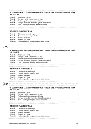 146
O QUE PODEMOS FAZER COM RESPEITO ÀS FERIDAS E REAÇÕES INCORRETAS PARA
AS FERIDAS
Passo 1:	 Reconhecer a ferida.
Passo 2:	 Entregar a ferida à Jesus Cristo na cruz.
Passo 3:	 Perdoar aqueles que causaram tal ferida.
Passo 4:	 Entregar as reações incorretas à Jesus Cristo na cruz.
Passo 5:	 Pedir e aceitar perdão pelas reações incorretas.
POSSÍVEIS PASSOS EXTRAS
Passo 6:	 Obter cura das lembranças.
Passo 7:	 Quebrar ataduras ímpias da alma.
Passo 8:	 Receber libertação.
Passo 9:	 Receber cura física.
Passo 10:	 Mudar os padrões dos pensamentos e das atitudes.
O QUE PODEMOS FAZER COM RESPEITO ÀS FERIDAS E REAÇÕES INCORRETAS PARA
AS FERIDAS
Passo 1:	 Reconhecer a ferida.
Passo 2:	 Entregar a ferida à Jesus Cristo na cruz.
Passo 3:	 Perdoar aqueles que causaram tal ferida.
Passo 4:	 Entregar as reações incorretas à Jesus Cristo na cruz.
Passo 5:	 Pedir e aceitar perdão pelas reações incorretas.
POSSÍVEIS PASSOS EXTRAS
Passo 6:	 Obter cura das lembranças.
Passo 7:	 Quebrar ataduras ímpias da alma.
Passo 8:	 Receber libertação.
Passo 9:	 Receber cura física.
Passo 10:	 Mudar os padrões dos pensamentos e das atitudes.
O QUE PODEMOS FAZER COM RESPEITO ÀS FERIDAS E REAÇÕES INCORRETAS PARA
AS FERIDAS
Passo 1:	 Reconhecer a ferida.
Passo 2:	 Entregar a ferida à Jesus Cristo na cruz.
Passo 3:	 Perdoar aqueles que causaram tal ferida.
Passo 4:	 Entregar as reações incorretas à Jesus Cristo na cruz.
Passo 5:	 Pedir e aceitar perdão pelas reações incorretas.
POSSÍVEIS PASSOS EXTRAS
Passo 6:	 Obter cura das lembranças.
Passo 7:	 Quebrar ataduras ímpias da alma.
Passo 8:	 Receber libertação.
Passo 9:	 Receber cura física.
Passo 10:	 Mudar os padrões dos pensamentos e das atitudes.
Seção 4: Passos de Ministração para Fotocopiar
 