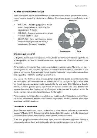 17Seção 1 Capítulo 1
Espírito,Alma e Corpo
As três esferas da Ministração
Antes de regressar ao céu, Jesus enviou seus discípulos com uma missão que envolvia: ensinar,
curar e expulsar demônios. Isto ilustra as três áreas de ministração que iremos abranger neste
livro:
•	 PECADOS – As áreas que podemos mudar
através da aprendizagem e aplicação dos
ensinamentos de Cristo.
•	 FERIDAS – Danos na alma ou no corpo que
requerem a cura de Deus.
•	 DEMÔNIOS – Seres espirituais que tratam
de evitar que progridamos nas áreas já
mencionadas. Devem ser expulsos.
Um enfoque integral
O diagrama mostra, que as situações de pecado, feridas e demônios podem estar separadas ou
se sobrepor (intersectam), afetando-se mutuamente. Aprenderemos a lidar com cada área, pas-
so a passo.
Por exemplo, no próximo capítulo veremos, de maneira isolada, o pecado. Mas como nos mos-
tra o diagrama, há uma área onde o pecado e os demônios se intersectam; e outra onde as três
areas se intersectam. Tratar com este tipo de situação requer que compreendamos como lidar
com o pecado e como fazer libertação e cura interior.
Esta idéia é vital dentro de nosso enfoque, porque os problemas podem piorar se mostrarmos
a solução equivocada ou oferecermos um remédio parcial. Por exemplo, se alguém se encontra
em pecado de amargura, como reação à uma ferida, lhe será muito difícil libertar-se daquele
pecado, ao menos que esta pessoa seja curada. De maneira similar, uma ferida pode ter um
aspecto demoníaco. Por exemplo, um demônio pode acrescentar dor de rejeição. A cura da
ferida será mais efetiva somente acompanhada de libertação.
Nossa tendência humana é enfatizar aquela área que parece mais fácil ou que é mais emocionante.
Entretanto, necessitamos pedir em oração direção e equilíbrio, à medida que vamos aprendendo
a ministrar nas diferentes áreas.
Cura física e emocional
Jesus disse que aqueles que crerem: “colocariam as mãos sobre os enfermos, e estes seriam
curados” (Marcos 16:18). Tomamos por conta que os efeitos do pecado e as feridas emocionais
ou demônios são sempre obstruções que impossibilitam receber cura física.
É por isso que primeiramente ministramos sobre estes dois obstáculos (pecado e feridas), e
nisto se enfocará este livro. Mais informação sobre a cura física se encontra na Seção 4.
Ensinamento Cura
Libertação
PECADOS FERIDAS
DEMÔNIOS
 