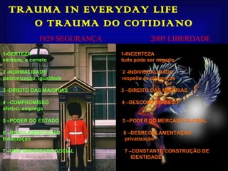 TRAUMA IN EVERYDAY LIFE  O TRAUMA DO COTIDIANO 1929 SEGURANÇA 2005 LIBERDADE 1-CERTEZA   1-INCERTEZA verdade, o correto   tudo pode ser negado 2 -NORMALIDADE   2 -INDIVIDUALIDADE padronização, igualdade   respeito as diferenças 3 -DIREITO DAS MAIORIAS   3 –DIREITO DAS MINORIAS 4 –COMPROMISSO   4 –DESCOMPROMISSO afetivo, emprego   5 –PODER DO ESTADO   5 –PODER DO MERCADO GLOBAL 6 –REGULAMENTAÇÃO   6 –DESREGULAMENTAÇÃO Estatização  privatização 7 –UMA IDENTIDADE SOCIAL   7 –CONSTANTE CONSTRUÇÃO DE IDENTIDADE 