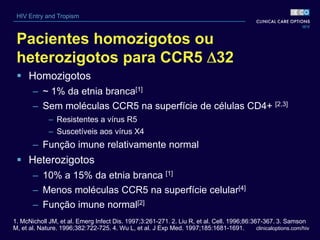 clinicaloptions.com/hiv
HIV Entry and Tropism
Pacientes homozigotos ou
heterozigotos para CCR5 32
 Homozigotos
– ~ 1% da etnia branca[1]
– Sem moléculas CCR5 na superfície de células CD4+ [2,3]
– Resistentes a vírus R5
– Suscetíveis aos vírus X4
– Função imune relativamente normal
 Heterozigotos
– 10% a 15% da etnia branca [1]
– Menos moléculas CCR5 na superfície celular[4]
– Função imune normal[2]
1. McNicholl JM, et al. Emerg Infect Dis. 1997;3:261-271. 2. Liu R, et al. Cell. 1996;86:367-367. 3. Samson
M, et al. Nature. 1996;382:722-725. 4. Wu L, et al. J Exp Med. 1997;185:1681-1691.
 
