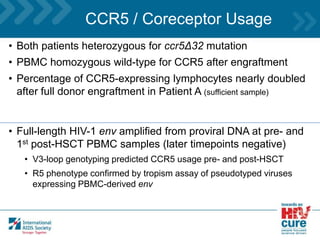 CCR5 / Coreceptor Usage
• Both patients heterozygous for ccr5Δ32 mutation
• PBMC homozygous wild-type for CCR5 after engraftment
• Percentage of CCR5-expressing lymphocytes nearly doubled
after full donor engraftment in Patient A (sufficient sample)
• Full-length HIV-1 env amplified from proviral DNA at pre- and
1st post-HSCT PBMC samples (later timepoints negative)
• V3-loop genotyping predicted CCR5 usage pre- and post-HSCT
• R5 phenotype confirmed by tropism assay of pseudotyped viruses
expressing PBMC-derived env
 