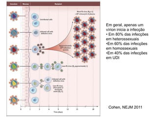 Em geral, apenas um
vírion inicia a infecção
• Em 80% das infecções
em heterossexuais
•Em 60% das infecções
em homossexuais
•Em 40% das infecções
em UDI
Cohen, NEJM 2011
 