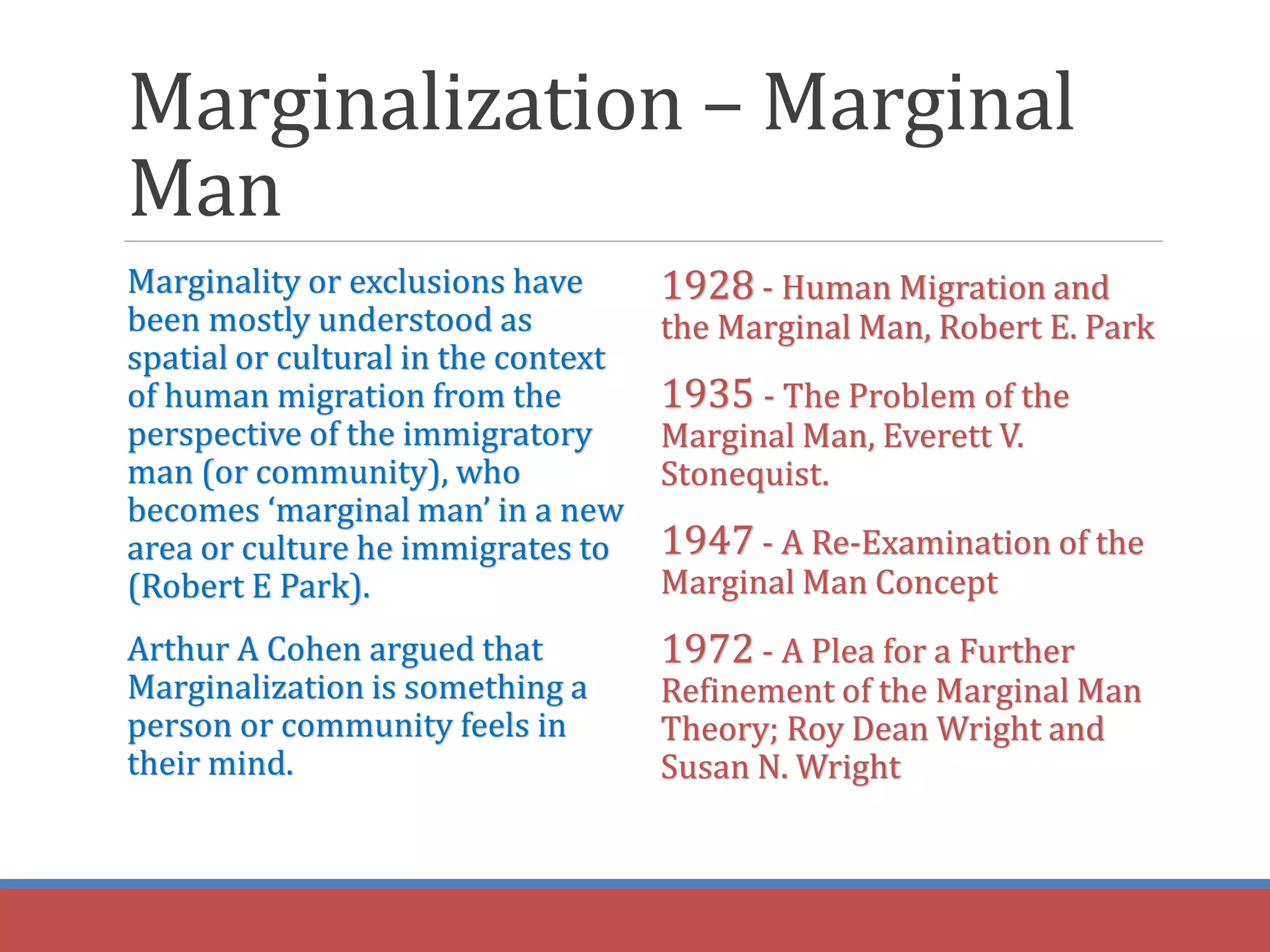 Marginalization – Marginal
Man
Marginality or exclusions have
been mostly understood as
spatial or cultural in the context
of human migration from the
perspective of the immigratory
man (or community), who
becomes ‘marginal man’ in a new
area or culture he immigrates to
(Robert E Park).
Arthur A Cohen argued that
Marginalization is something a
person or community feels in
their mind.
1928 - Human Migration and
the Marginal Man, Robert E. Park
1935 - The Problem of the
Marginal Man, Everett V.
Stonequist.
1947 - A Re-Examination of the
Marginal Man Concept
1972 - A Plea for a Further
Refinement of the Marginal Man
Theory; Roy Dean Wright and
Susan N. Wright
 