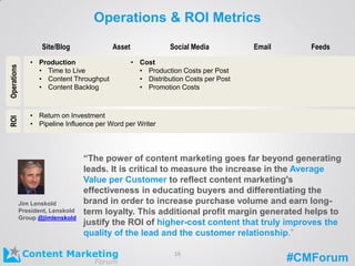 #CMForum
Operations & ROI MetricsOperations
• Production
• Time to Live
• Content Throughput
• Content Backlog
Site/Blog Asset Social Media Email Feeds
“The power of content marketing goes far beyond generating
leads. It is critical to measure the increase in the Average
Value per Customer to reflect content marketing's
effectiveness in educating buyers and differentiating the
brand in order to increase purchase volume and earn long-
term loyalty. This additional profit margin generated helps to
justify the ROI of higher-cost content that truly improves the
quality of the lead and the customer relationship.”
Jim Lenskold
President, Lenskold
Group @jimlenskold
• Cost
• Production Costs per Post
• Distribution Costs per Post
• Promotion Costs
ROI
• Return on Investment
• Pipeline Influence per Word per Writer
16
 