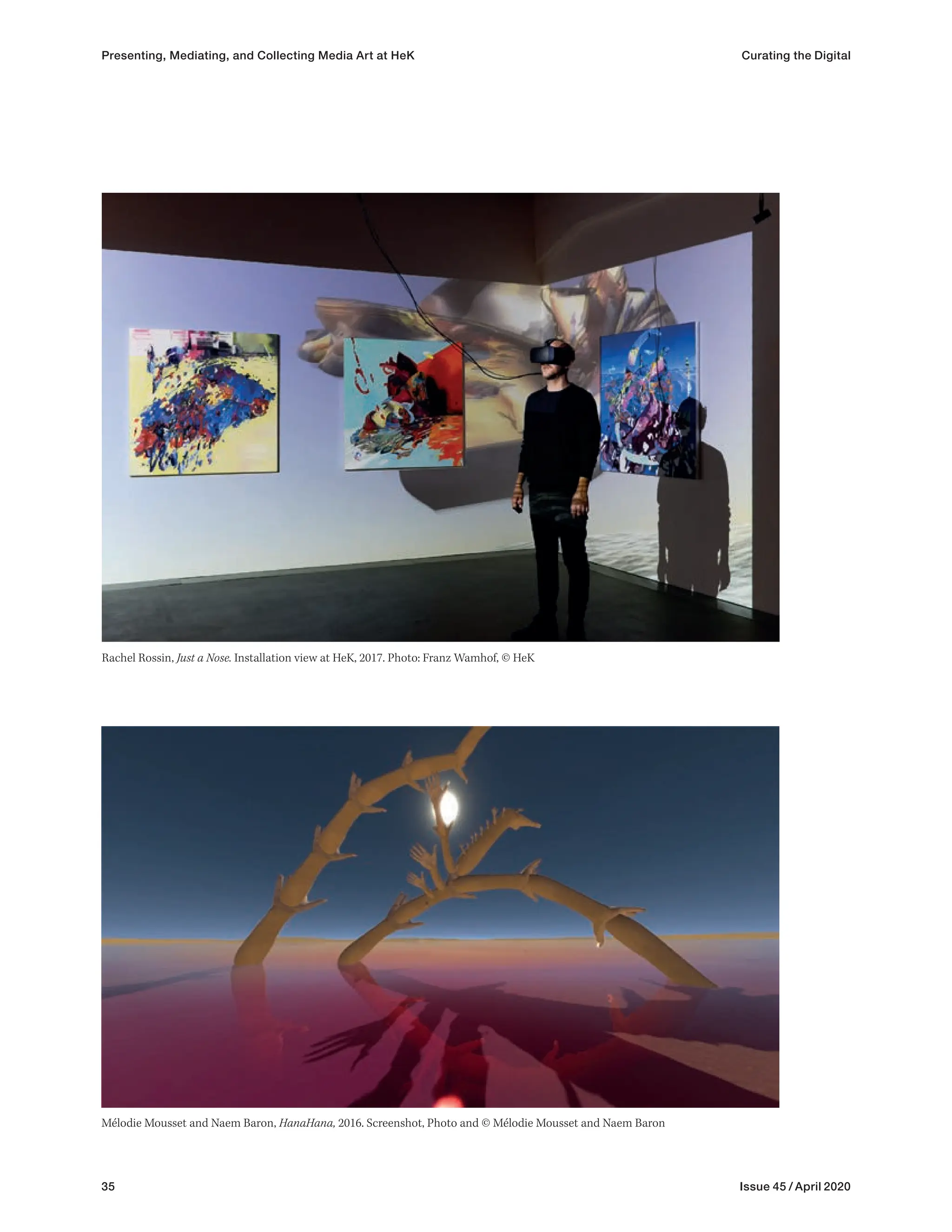 35 Issue 45 / April 2020
Rachel Rossin, Just a Nose. Installation view at HeK, 2017. Photo: Franz Wamhof, © HeK
Mélodie Mousset and Naem Baron, HanaHana, 2016. Screenshot, Photo and © Mélodie Mousset and Naem Baron
Presenting, Mediating, and Collecting Media Art at HeK Curating the Digital
 