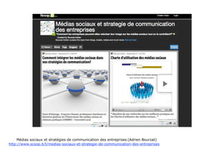 Médias sociaux et stratégies de communication des entreprises (Adrien Bourzat)
http://www.scoop.it/t/medias-sociaux-et-strategie-de-communication-des-entreprises
 