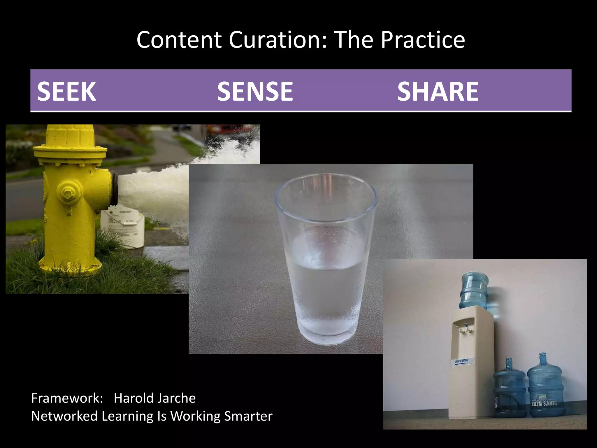 Content Curation: The Practice
SEEK                        SENSE       SHARE




Framework: Harold Jarche
Networked Learning Is Working Smarter
 
