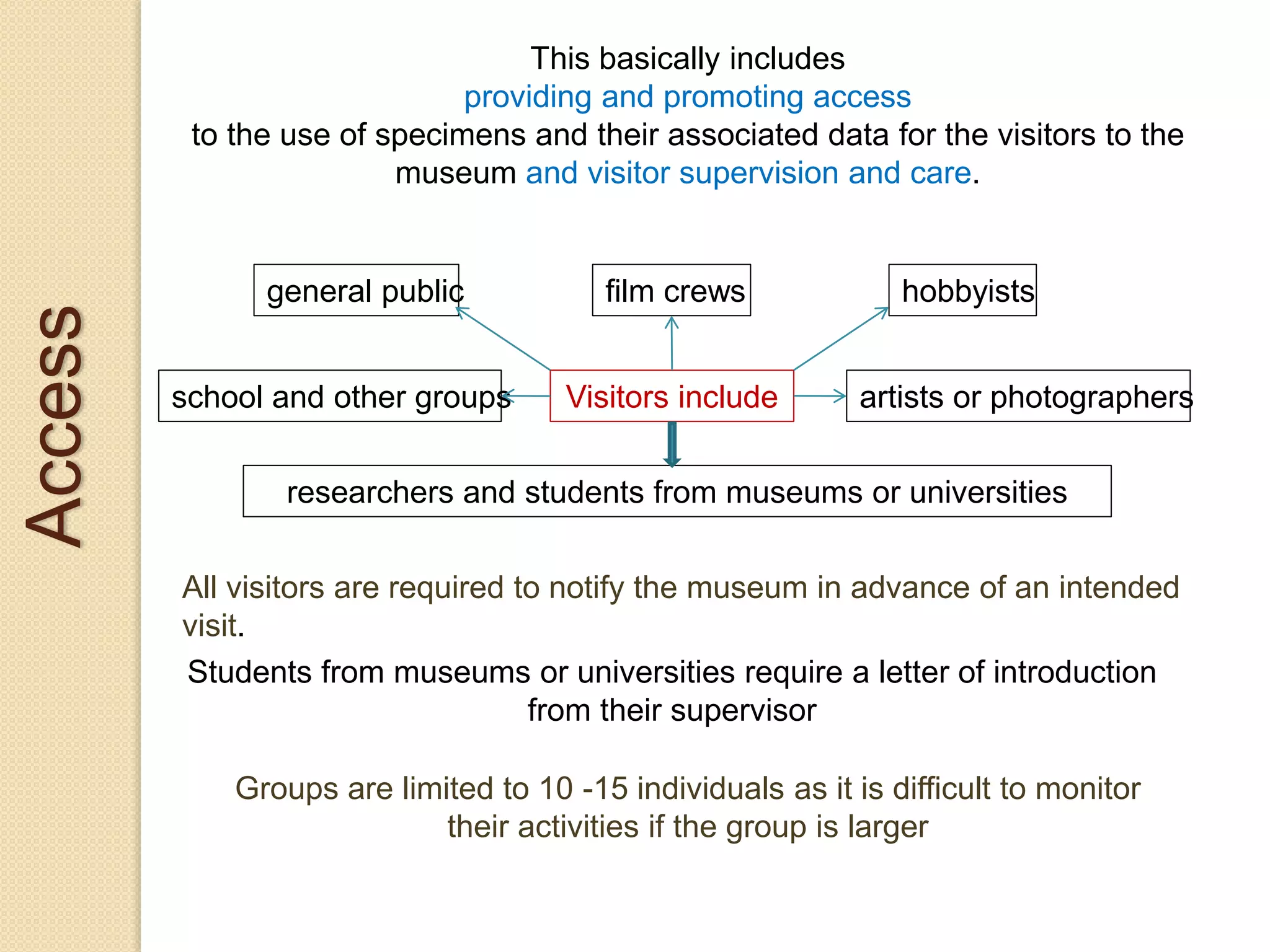 Access This basically includes
providing and promoting access
to the use of specimens and their associated data for the visitors to the
museum and visitor supervision and care.
Visitors include
researchers and students from museums or universities
school and other groups
film crews
artists or photographers
hobbyistsgeneral public
All visitors are required to notify the museum in advance of an intended
visit.
Students from museums or universities require a letter of introduction
from their supervisor
Groups are limited to 10 -15 individuals as it is difficult to monitor
their activities if the group is larger
 