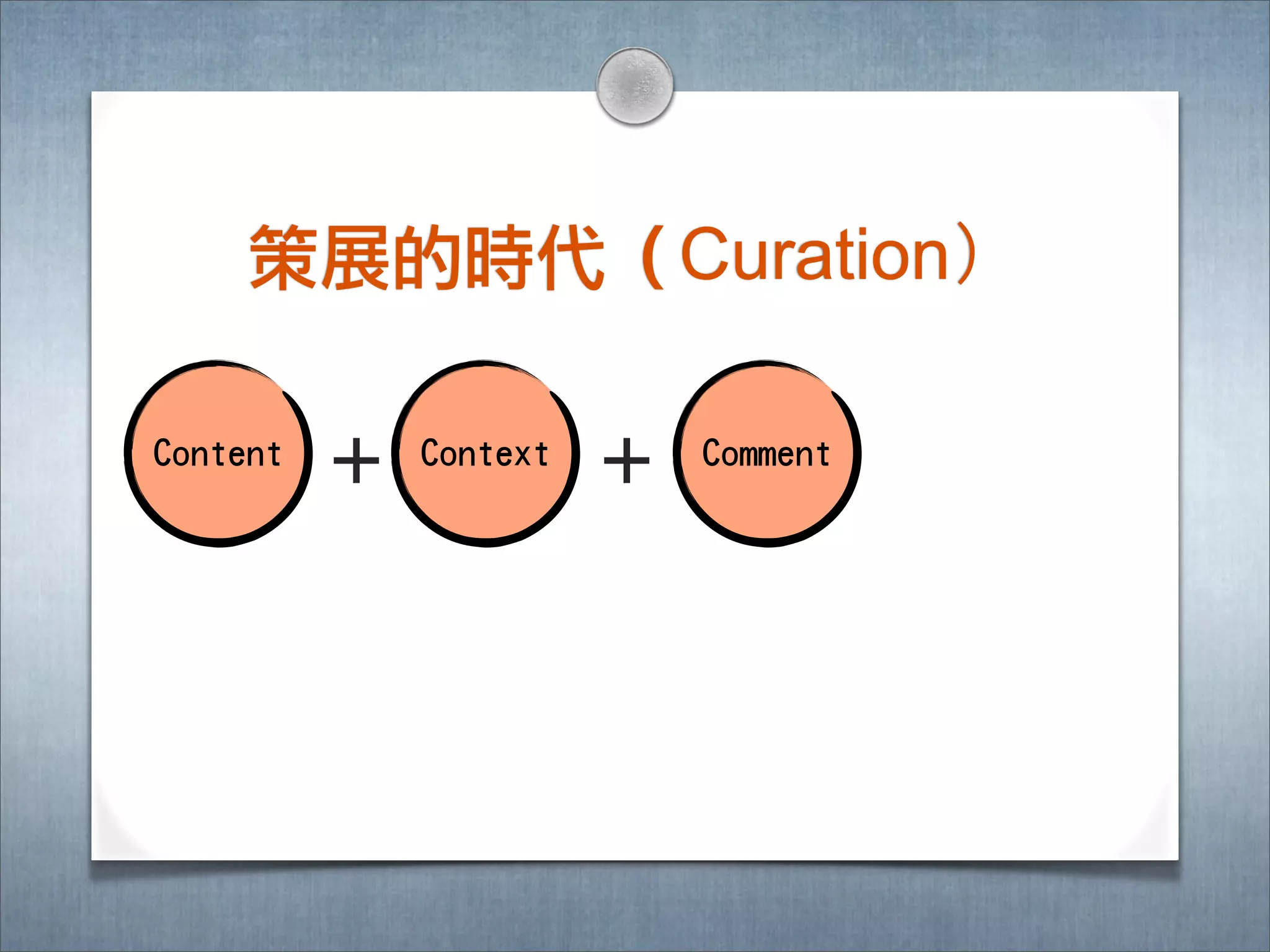 策展的時㈹代（Curation）

Content
          ＋   Context
                        ＋   Comment
 