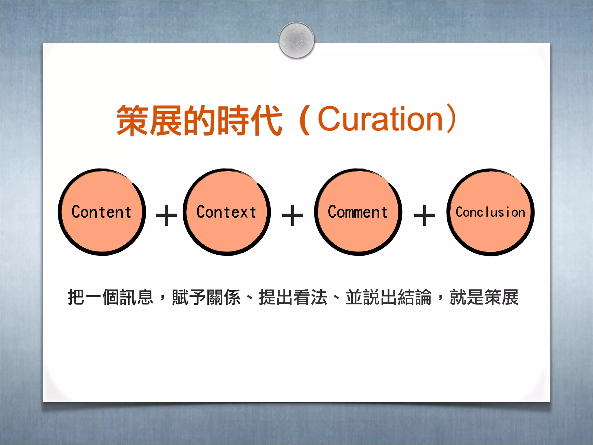 策展的時㈹代（Curation）

Content
          ＋   Context
                        ＋   Comment
                                      ＋   Conclusion




把㆒㈠㊀一個訊息，賦予關係、提出看法、並說說說出結論論，就是策展
 
