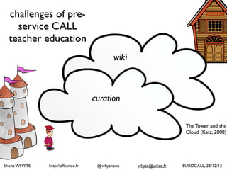 Shona WHYTE http://efl.unice.fr @whyshona whyte@unice.fr EUROCALL, 23/12/12
challenges of pre-
service CALL
teacher education
The Tower and the
Cloud (Katz, 2008)
curation
wiki