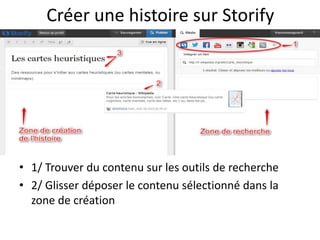 Créer une histoire sur Storify
• 1/ Trouver du contenu sur les outils de recherche
• 2/ Glisser déposer le contenu sélectionné dans la
zone de création
 