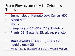 From Flow cytometry to Cytomics
Topics
• Immunology, Hematology, Cancer 600
• Blood 400
• CSF 7
• Lymphocyte 50, CD4 (50), Platelets
• Plants 25, Bacteria 25, algae, plancton
• Rare events CTCs 700, CECs 175,
liquid biopsy 20
• MRD (50), leukemia (50), myeloma 25
 