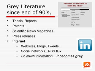Grey Literature
since end of 90's,
• Thesis, Reports
• Patents
• Scientific News Magazines
• Press releases
• Internet
– Websites, Blogs, Tweets..
– Social networks...RSS flux
– So much information... it becomes grey
 