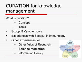 CURATION for knowledge
management
What is curation?
– Concept
– Tools
• Scoop.it! Vs other tools
• Experiences with Scoop.it in immunology
• Other experiences for
– Other fields of Research,
– Science mediation
– Information literacy
 