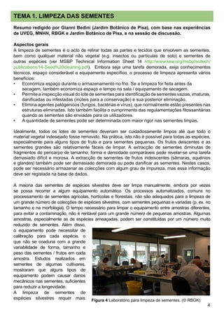 TEMA 1. LIMPEZA DAS SEMENTES
Resumo redigido por Gianni Bedini (Jardim Botânico de Pisa), com base nas experiências
de UVEG, MNHN, RBGK e Jardim Botânico de Pisa, e na sessão de discussão.
Aspectos gerais
A limpeza de sementes é o acto de retirar todas as partes e tecidos que envolvem as sementes,
bem como qualquer material não vegetal (e.g. insectos ou partículas de solo) e sementes de
outras espécies (ver MSBP Technical Information Sheet 14 http://www.kew.org/msbp/scitech/
publications/14-Seed%20cleaning.pdf). Embora seja uma tarefa demorada, exija conhecimentos
técnicos, espaço considerável e equipamento específico, o processo de limpeza apresenta vários
benefícios:
Economiza espaço durante o armazenamento no frio. Se a limpeza for feita antes da 	
secagem, também economiza espaço e tempo na sala / equipamento de secagem.
Permite a inspecção visual do lote de sementes para identificação de sementes vazias, imaturas,
danificadas ou infestadas (inúteis para a conservação) e sua posterior eliminação.
Elimina agentes patógenicos (fungos, bactérias e vírus), que normalmente estão presentes nas
estruturas eliminadas. Isto também facilita o cumprimento das regulamentações fitossanitárias
quando as sementes são enviadas para os utilizadores.
A quantidade de sementes pode ser determinada com maior rigor nas sementes limpas.
Idealmente, todos os lotes de sementes deveriam ser cuidadosamente limpos até que todo o
material vegetal indesejado fosse removido. Na prática, isto não é possível para todas as espécies,
especialmente para alguns tipos de fruto e para sementes pequenas. Os frutos deiscentes e as
sementes grandes são relativamente fáceis de limpar. A extracção de sementes diminutas de
fragmentos do pericarpo de tamanho, forma e densidade comparáveis pode revelar-se uma tarefa
demasiado difícil e morosa. A extracção de sementes de frutos indeiscentes (sâmaras, aquénios
e glandes) também pode ser demasiado demorada ou pode danificar as sementes. Nestes casos,
pode ser necessário armazenar as colecções com algum grau de impureza, mas essa informação
deve ser registada na base de dados.
A maioria das sementes de espécies silvestres deve ser limpa manualmente, embora por vezes
se possa recorrer a algum equipamento automático. Os processos automatizados, comuns no
processamento de sementes agrícolas, hortícolas e florestais, não são adequados para a limpeza de
um grande número de colecções de espécies silvestres, com sementes pequenas e variadas (p. ex. no
tamanho e na morfologia). O tempo necessário para limpar o equipamento entre amostras diferentes,
para evitar a contaminação, não é rentável para um grande número de pequenas amostras. Algumas
amostras, especialmente as de espécies ameaçadas, podem ser constituídas por um número muito
reduzido de sementes. Além disso,
o equipamento pode necessitar de
calibração para cada espécie, o
que não se coaduna com a grande
variabilidade de forma, tamanho e
peso das sementes / frutos em cada
amostra. Estudos realizados em
sementes de algumas cultivares,
mostraram que alguns tipos de
equipamento podem causar danos
mecânicos nas sementes, suficientes
para reduzir a longevidade.
A limpeza de sementes de
espécies silvestres requer mais
•
•
•
•
Figura 4 Laboratório para limpeza de sementes. (© RBGK)
 