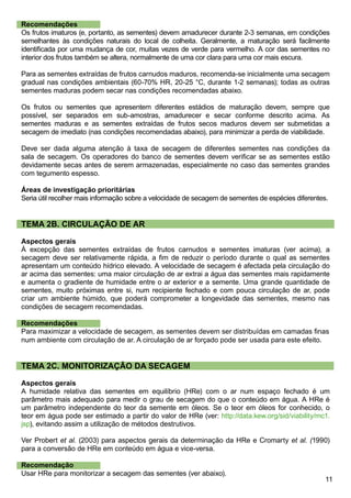 11
Recomendações
Os frutos imaturos (e, portanto, as sementes) devem amadurecer durante 2-3 semanas, em condições
semelhantes às condições naturais do local de colheita. Geralmente, a maturação será facilmente
identificada por uma mudança de cor, muitas vezes de verde para vermelho. A cor das sementes no
interior dos frutos também se altera, normalmente de uma cor clara para uma cor mais escura.
Para as sementes extraídas de frutos carnudos maduros, recomenda-se inicialmente uma secagem
gradual nas condições ambientais (60-70% HR, 20-25 °C, durante 1-2 semanas); todas as outras
sementes maduras podem secar nas condições recomendadas abaixo.
Os frutos ou sementes que apresentem diferentes estádios de maturação devem, sempre que
possível, ser separados em sub-amostras, amadurecer e secar conforme descrito acima. As
sementes maduras e as sementes extraídas de frutos secos maduros devem ser submetidas a
secagem de imediato (nas condições recomendadas abaixo), para minimizar a perda de viabilidade.
Deve ser dada alguma atenção à taxa de secagem de diferentes sementes nas condições da
sala de secagem. Os operadores do banco de sementes devem verificar se as sementes estão
devidamente secas antes de serem armazenadas, especialmente no caso das sementes grandes
com tegumento espesso.
Áreas de investigação prioritárias
Seria útil recolher mais informação sobre a velocidade de secagem de sementes de espécies diferentes.
TEMA 2B. CIRCULAÇÃO DE AR
Aspectos gerais
À excepção das sementes extraídas de frutos carnudos e sementes imaturas (ver acima), a
secagem deve ser relativamente rápida, a fim de reduzir o período durante o qual as sementes
apresentam um conteúdo hídrico elevado. A velocidade de secagem é afectada pela circulação do
ar acima das sementes: uma maior circulação de ar extrai a água das sementes mais rapidamente
e aumenta o gradiente de humidade entre o ar exterior e a semente. Uma grande quantidade de
sementes, muito próximas entre si, num recipiente fechado e com pouca circulação de ar, pode
criar um ambiente húmido, que poderá comprometer a longevidade das sementes, mesmo nas
condições de secagem recomendadas.
Recomendações
Para maximizar a velocidade de secagem, as sementes devem ser distribuídas em camadas finas
num ambiente com circulação de ar. A circulação de ar forçado pode ser usada para este efeito.
TEMA 2C. MONITORIZAÇÃO DA SECAGEM
Aspectos gerais
A humidade relativa das sementes em equilíbrio (HRe) com o ar num espaço fechado é um
parâmetro mais adequado para medir o grau de secagem do que o conteúdo em água. A HRe é
um parâmetro independente do teor da semente em óleos. Se o teor em óleos for conhecido, o
teor em água pode ser estimado a partir do valor de HRe (ver: http://data.kew.org/sid/viability/mc1.
jsp), evitando assim a utilização de métodos destrutivos.
Ver Probert et al. (2003) para aspectos gerais da determinação da HRe e Cromarty et al. (1990)
para a conversão de HRe em conteúdo em água e vice-versa.
Recomendação
Usar HRe para monitorizar a secagem das sementes (ver abaixo).
 