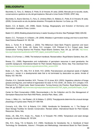 44
BIBLIOGRAFIA
Bacchetta, G., Fenu, G., Mattana, E. Piotto, B.  Virevaire, M. (eds). (2006). Manuale per la raccolta, studio,
conservazione e gestione ex situ del germoplasma. Manuali e Linee Guida 37/2006. APAT, Italy.
Bacchetta, G., Bueno Sánchez, Á., Fenu, G. Jiménez-Alfaro, B., Mattana, E., Piotto, B.  Virevaire, M. (eds).
(2008). Conservación ex situ de plantas silvestres. Principado de Asturias / La Caixa. pp. 378.
Baskin, C.C.  Baskin, J.M. (1998). Seeds: Ecology, Biogeography and Evolution of Dormancy and
Germination. Academic Press, London.
Baskin C.C. (2003). Breaking physical dormancy in seeds: focusing on the lens. New Phytologist 158(2): 229-232.
Baskin, C.C., Thompson, K.  Baskin, J.M. (2006). Mistakes in germination ecology and how to avoid them.
Seed Science Research 16: 165-168.
Bone, J., Turner, R.  Tweddle, J. (2003). The Millennium Seed Bank Project’s specimen and taxon
databases. In: R.D. Smith, J.B. Dickie, S.H. Linington, H.W. Pritchard  R.J. Probert (eds). Seed
Conservation: Turning Science into Practice. Royal Botanic Gardens, Kew, UK. pp. 327-336. http://www.
kew.org/msbp/scitech/publications/SCTSIP_digital_book/pdfs/Chapter_18.pdf
Bridson, D.  Forman, L. (1998). The herbarium handbook. Revised edition. Royal Botanic Gardens, Kew, UK.
Breese, E.L. (1989). Regeneration and multiplication of germplasm resources in seed genebanks: the
scientific background. International Board for Plant Genetic Resources, Rome, Italy. Free download from:
http://www.bioversityinternational.org/publications/Web_version/209/
Butler, L.H., Hay, F.R., Ellis, R.H.  Smith, R.D. (2009). Post-abscission pre-dispersal seeds of Digitalis
purpurea L. remain in a developmental state that is not terminated by desiccation ex planta. Annals of
Botany 103: 785-794.
Chorlton, K.H., Sackville Hamilton, N.R., Thomas, I.D.  Jones, M.H. (2003). Vegetative collection of forage
grasses and legumes, and method of regeneration for seed. In: R.D. Smith, J.B. Dickie, S.H. Linington, H.W.
Pritchard  R.J. Probert (eds). Seed Conservation: Turning Science into Practice. Royal Botanic Gardens,
Kew, UK. pp. 203-207. http://www.kew.org/msbp/scitech/publications/SCTSIP_digital_book/pdfs/Chapter_10.pdf
Center for Plant Conservation (1986). Recomendação s for the Collection and Ex Situ Management of
Germplasm Resources from Rare Wild Plants. Jamaica Plain, Mass., USA.
Crane, J., Miller, A.L., Van Roekel, J.W.  Walters, C. (2003). Triacylglycerols determine the unusual storage
physiology of Cuphea seed. Planta 217: 699-708.
Cromarty, A.S., Ellis, R.H.  Roberts, E.H. (1990). Handbooks for Genebanks: no. 1, The Design of
Seed Storage Facilities for Genetic Conservation. Revised edition. International Board for Plant Genetic
Resources, Rome, Italy.
Dickie, J.B., Ellis, R.H., Kraak, H.L., Ryder, K.  Tompsett, P.B. (1990). Temperature and seed storage
longevity. Annals of Botany 65: 197-204.
Ellis, R.H., Hong, T.D.  Roberts, E.H. (1985). Handbooks for Genebanks: No. 2, Handbook of Seed
Technology for Genebanks, Volume I. Principles and Methodology. International Board for Plant Genetic
 