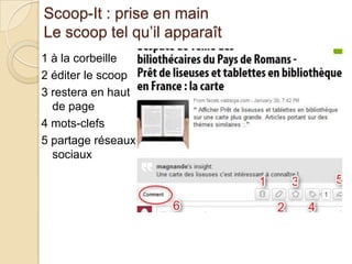 Scoop-It : prise en main
Le scoop tel qu’il apparaît
1 à la corbeille
2 éditer le scoop
3 restera en haut
  de page
4 mots-clefs
5 partage réseaux
  sociaux
 