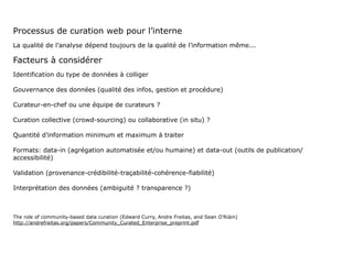 Processus de curation web pour l’interne

La qualité de l’analyse dépend toujours de la qualité de l’information même...


Facteurs à considérer
Identification du type de données à colliger

Gouvernance des données (qualité des infos, gestion et procédure)

Curateur-en-chef ou une équipe de curateurs ?

Curation collective (crowd-sourcing) ou collaborative (in situ) ?

Quantité d’information minimum et maximum à traiter

Formats: data-in (agrégation automatisée et/ou humaine) et data-out (outils de publication/
accessibilité)

Validation (provenance-crédibilité-traçabilité-cohérence-fiabilité)

Interprétation des données (ambiguité ? transparence ?)



The role of community-based data curation (Edward Curry, Andre Freitas, and Sean O’Riàin)
http://andrefreitas.org/papers/Community_Curated_Enterprise_preprint.pdf




                                                                                              43
 