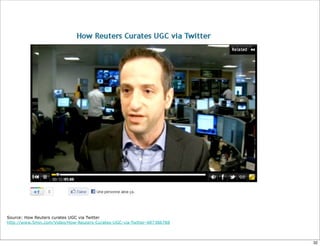 Source: How Reuters curates UGC via Twitter
http://www.5min.com/Video/How-Reuters-Curates-UGC-via-Twitter-487386788
32
 