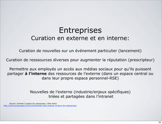 Entreprises
Curation en externe et en interne:
Curation de nouvelles sur un événement particulier (lancement)
Curation de resssources diverses pour augmenter la réputation (prescripteur)
Permettre aux employés un accès aux médias sociaux pour qu’ils puissent
partager à l’interne des ressources de l’externe (dans un espace central ou
dans leur propre espace personnel-RSE)
Nouvelles de l’externe (industrie/enjeux spécifiques)
triées et partagées dans l’intranet
Source: Smarter Curation for enterprises ( Shel Holtz)
http://community.paper.li/2012/03/05/shel-holtz-smarter-curation-for-enterprises/
39
 