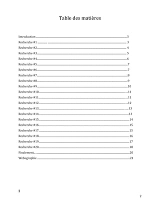 Table des matières


Introduction .............................................................................................................................................3
Recherche #1 ............... .......................................................................................................................... 3
Recherche #2........................................................................................................................................... 4
Recherche #3........................................................................................................................................... 5
Recherche #4............................................................................................................................................6
Recherche #5.............................................................................................................................................7
Recherche #6.............................................................................................................................................7
Recherche #7.............................................................................................................................................8
Recherche #8.............................................................................................................................................9
Recherche #9.............................................................................................................................................10
Recherche #10......................................................................................................................................….11
Recherche #11......................................................................................................................................….11
Recherche #12......................................................................................................................................….12
Recherche #13.....................................................................................................................................…...13
Recherche #14............................................................................................................................................13
Recherche #15.............................................................................................................................................14
Recherche #16.............................................................................................................................................15
Recherche #17.............................................................................................................................................15
Recherche #18.............................................................................................................................................16
Recherche #19.............................................................................................................................................17
Recherche #20.............................................................................................................................................18
Finalement... .................................................................................................................................................20
Webographie ................................................................................................................................................21




I
                                                                                                                                                                    2
 