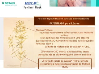 Psyllium Husk
Plantago Psyllium:
é cultivado industrialmente na Índia ocidental para finalidades
médicas.
Estas partículas são misturadas com uma pequena
quantidade de CMC (Carboximetilcelulose) e poliisobutileno
formando assim a
Camada de Hidrocolóide do Askina® HYDRO.
A força de coesão do Askina® Hydro é devida
inteiramente à natureza das partículas do Psyllium
Husk.
Diferente da CMC amorfa, o polissacarídeo destas
partículas não se dissolve enquanto absorve exsudato.
O uso de Psyllium Husk em curativos hidrocolóides está
PATENTEADA pela B.Braun
 