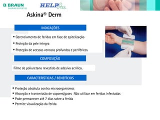 Askina® DermAskina® Derm
Filme de poliuretano revestido de adesivo acrílico.Filme de poliuretano revestido de adesivo acrílico.
• Proteção absoluta contra microorganismosProteção absoluta contra microorganismos
• Absorção e transmissão de vapores/gases Não utilizar em feridas infectadasAbsorção e transmissão de vapores/gases Não utilizar em feridas infectadas
• Pode permanecer até 7 dias sobre a feridaPode permanecer até 7 dias sobre a ferida
• Permite visualização da feridaPermite visualização da ferida
CARACTERÍSTICAS / BENEFÍCIOS
COMPOSIÇÃO
INDICAÇÕES
• Gerenciamento de feridas em fase de epitelizaçãoGerenciamento de feridas em fase de epitelização
• Proteção da pele íntegraProteção da pele íntegra
• Proteção de acessos venosos profundos e periféricosProteção de acessos venosos profundos e periféricos
 